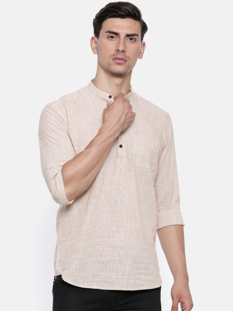 

British Club Men Beige Woven Design A-Line Short Kurta