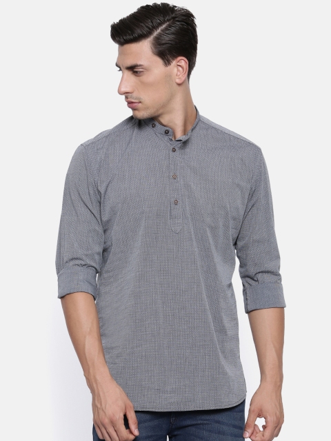 

British Club Men Charcoal Grey Woven Design Straight Kurta