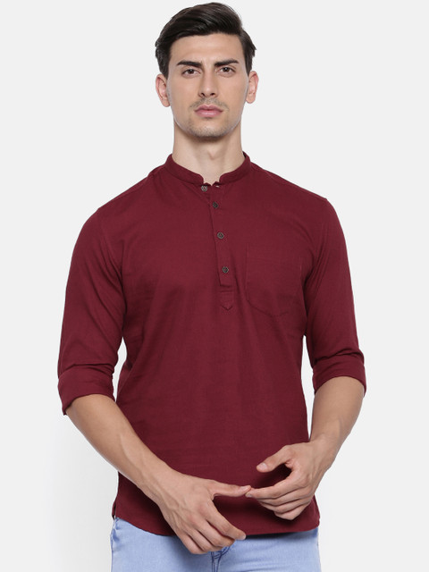 

British Club Men Maroon Linen Solid A-Line Kurta