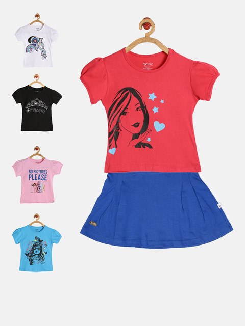 

GKIDZ Girls Pack of 5 Printed T-Shirts & Skirt, Pink