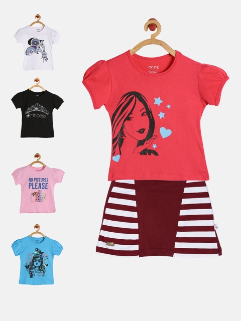 

GKIDZ Girls Pack of 5 Printed T-Shirts & Skirt, Pink