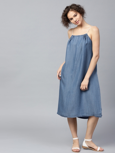 

SASSAFRAS Women Blue Solid Denim A-Line Dress
