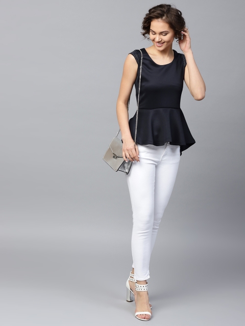 

SASSAFRAS Women Navy Solid Peplum Top, Navy blue