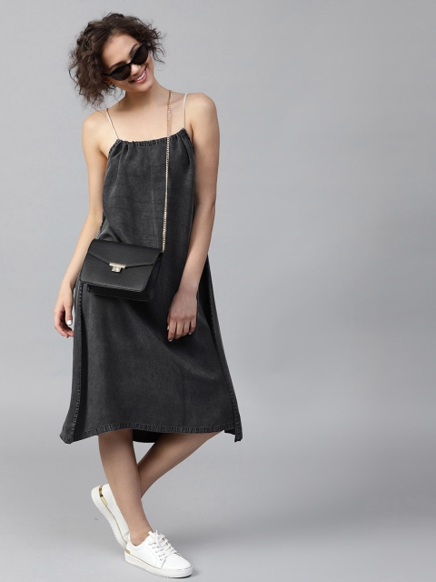 

SASSAFRAS Women Charcoal Grey Solid Denim A-Line Dress