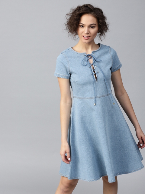 

SASSAFRAS Women Blue Solid Denim Fit and Flare Dress