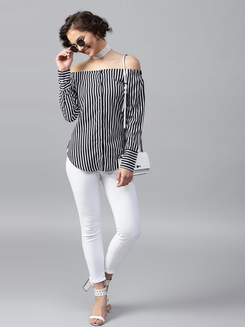 

SASSAFRAS Women Navy & White Striped Bardot Top, Navy blue