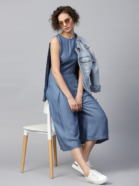 

SASSAFRAS Blue Solid Chambray Culotte Jumpsuit