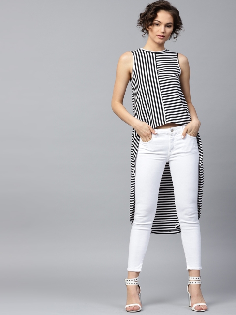

SASSAFRAS Women Black & White Striped High-Low Pure Cotton Top