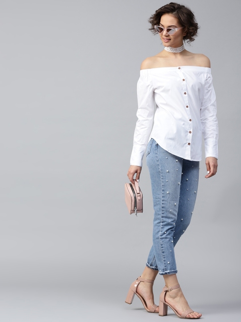 

SASSAFRAS Women White Solid Bardot Top