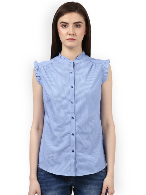 

Park Avenue Woman Women Blue Striped Shirt Style Top
