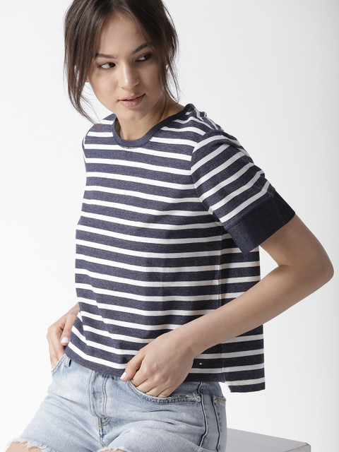 

Tommy Hilfiger Women Navy Blue Striped Boxy Top