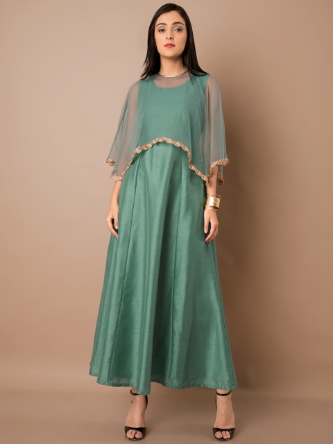 

INDYA Women Green Solid Maxi Cape Dress