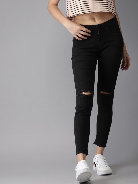 

HERE&NOW Women Black Skinny Fit Mid-Rise Slash Knee Stretchable Cropped Jeans