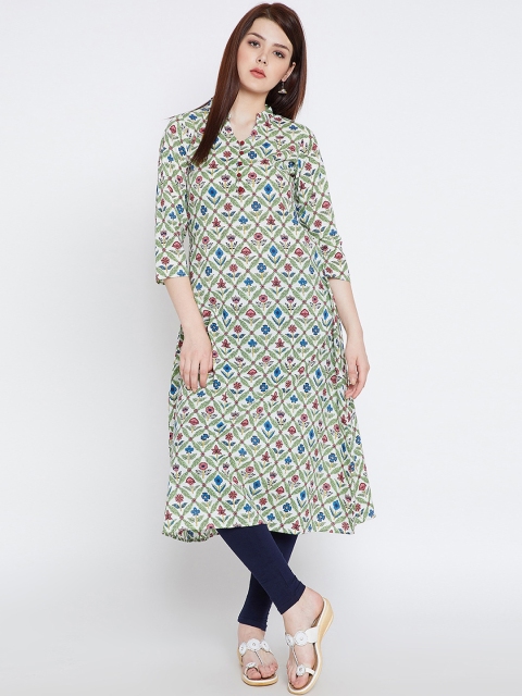 

Tissu Women Off-White & Green Printed A-Line Kurta