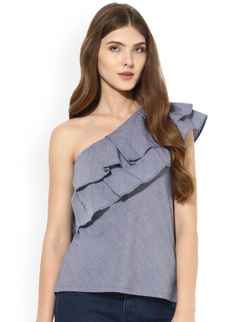 

LOVE GEN Women Grey Striped One-Shoulder Top