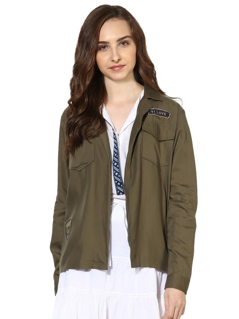 

LOVE GEN Women Olive Green Solid Open Front Jacket