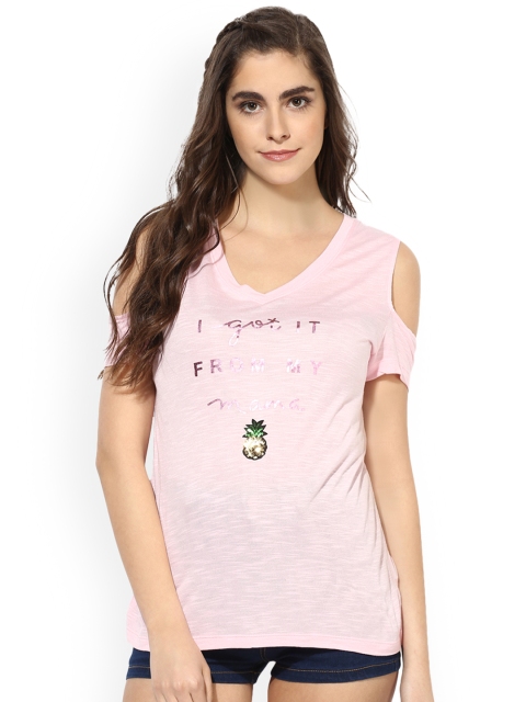 

LOVE GEN Women Pink Printed V-Neck T-shirt