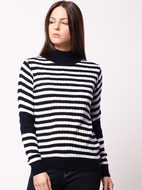 

ether Women Navy Blue & Off-White Striped Pullover