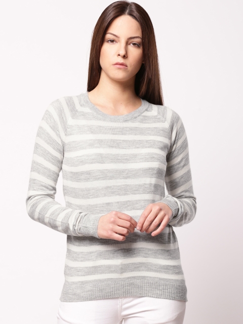 

ether Women Grey Melange & Cream-Coloured Striped Pullover