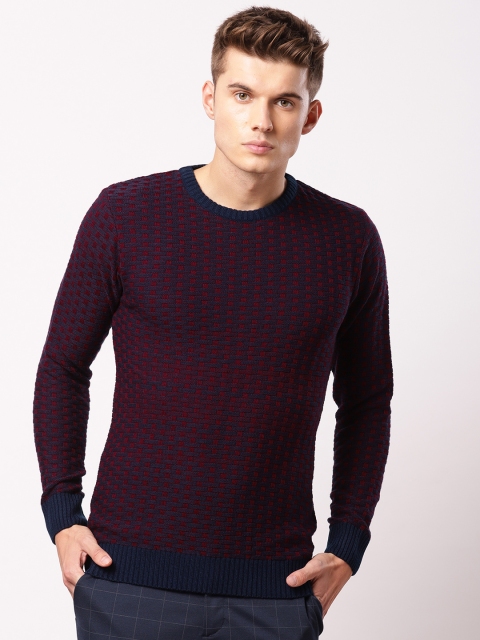 

ether Men Navy Blue & Red Self Design Pullover