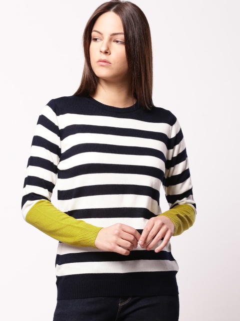 

ether Women Off-White & Navy Blue Striped Pullover