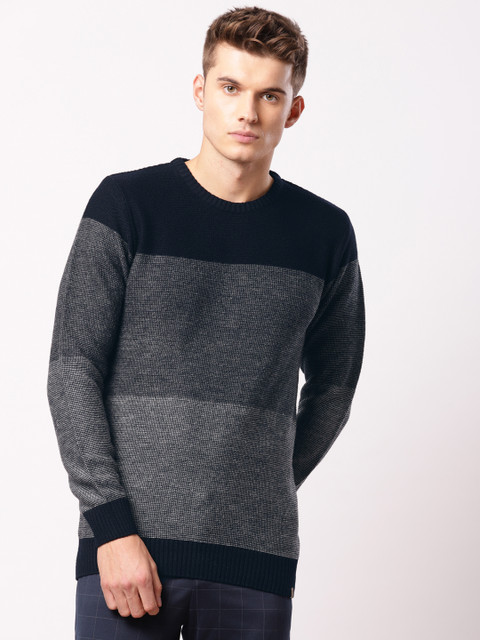 

ether Men Navy Blue & Grey Colourblocked Pullover