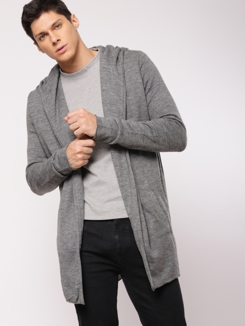 

ether Men Grey Solid Longline Hooded Front-Open Sweater