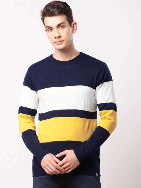 

ether Men Navy Blue & White Colourblocked Pullover