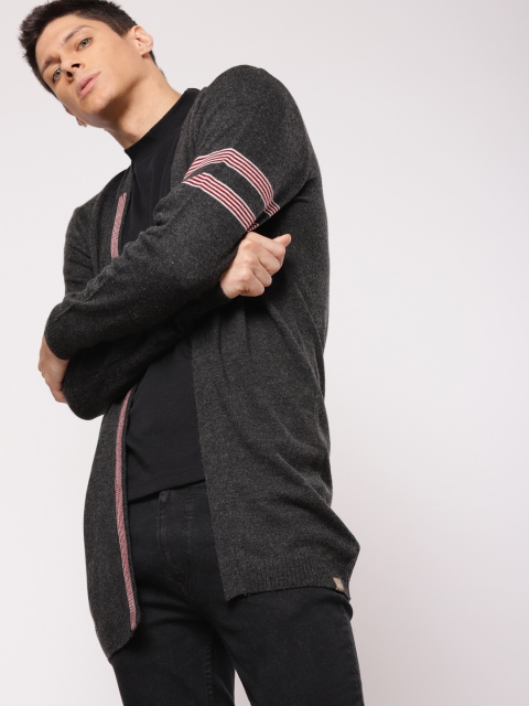 

ether Men Grey Solid Longline Front-Open Sweater, Black