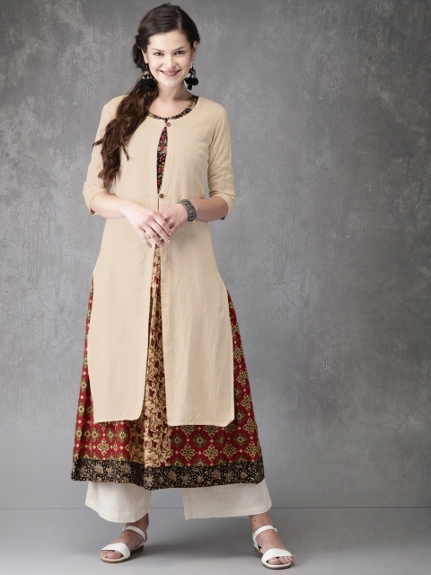 

Anouk Women Beige & Red Kalamkari Print Layered A-Line Kurta