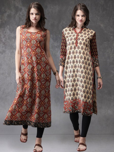 

Anouk Women Pack of 2 Kalamkari Print A-Line Kurtas, Beige