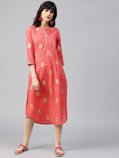 

Rain & Rainbow Women Peach-Coloured Printed Straight Kurta