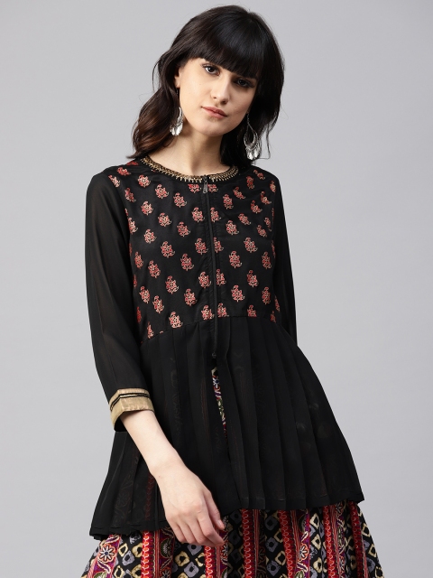 

Rain & Rainbow Women Black Printed Empire Top