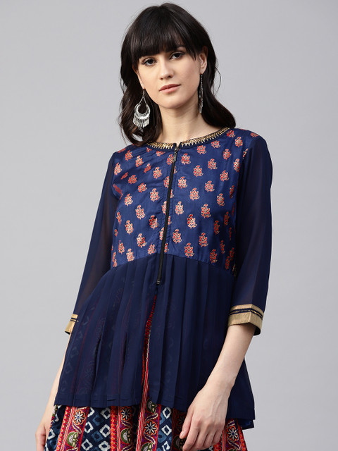 

Rain & Rainbow Women Navy Blue Printed Empire Top