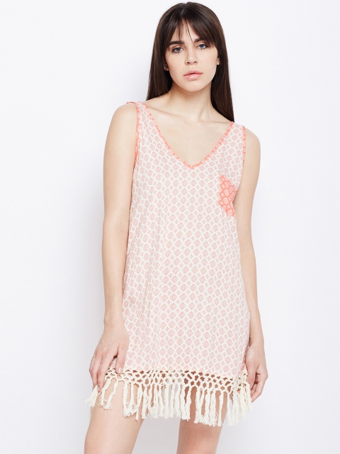 

Oxolloxo White & Coral Pink Printed Cover-Up Dress S18404WBW001