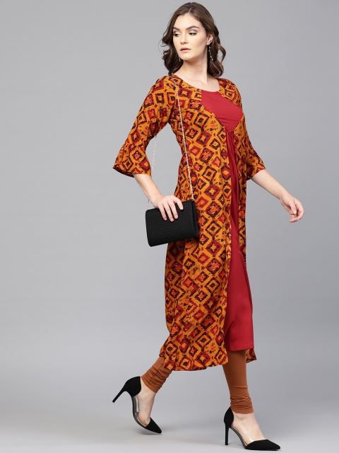 

GERUA Women Mustard Yellow & Maroon Printed Layered A-Line Kurta