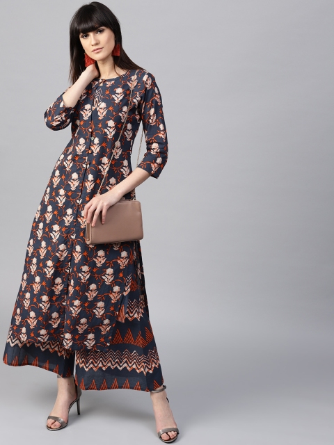 

GERUA Women Navy & Orange Printed Kurta with Palazzos, Navy blue