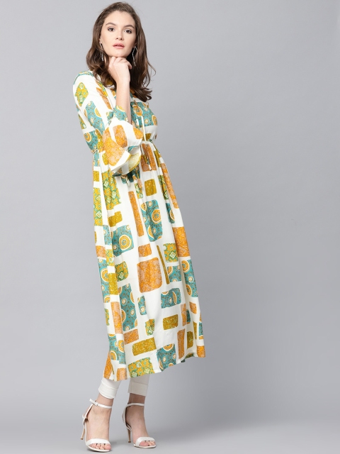 

GERUA Women Off-White & Mustard Yellow Printed A-Line Kurta