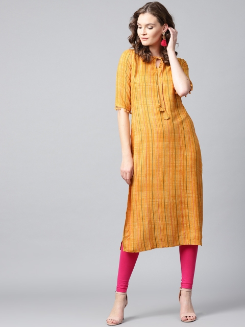 

GERUA Women Mustard Yellow Striped Straight Kurta