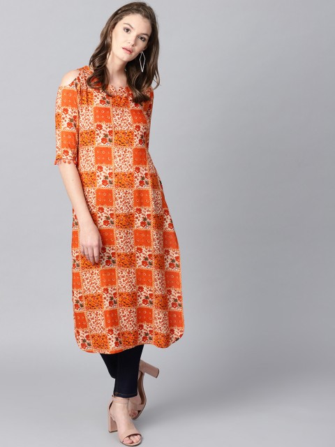 

GERUA Women Orange Checked Cold Shoulder Straight Kurta