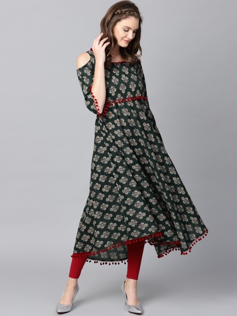 

GERUA Women Green Printed Cold Shoulder Anarkali Kurta