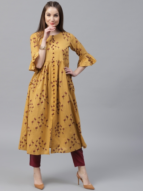 

GERUA Women Mustard Yellow & Maroon Printed A-Line Kurta