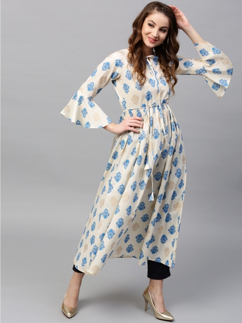 

GERUA Women Cream-Coloured & Blue Printed A-Line Kurta