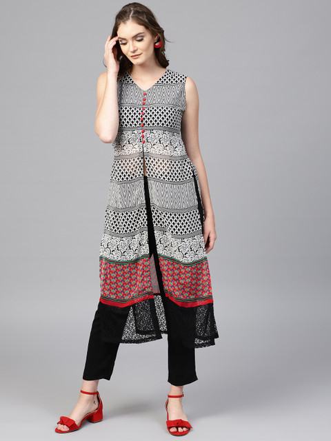 

GERUA Women Black & Off-White Printed Straight Kurta
