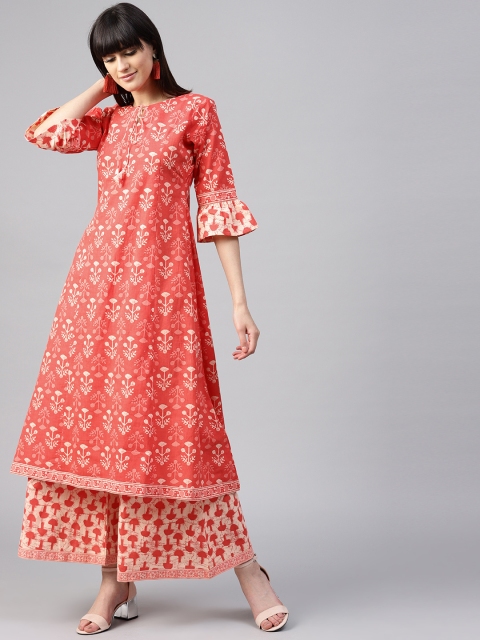 

GERUA Women Coral Pink & Beige Printed Kurta with Palazzos