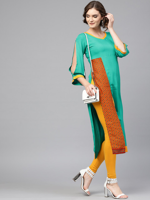 

GERUA Women Green & Mustard Yellow Printed Straight Kurta