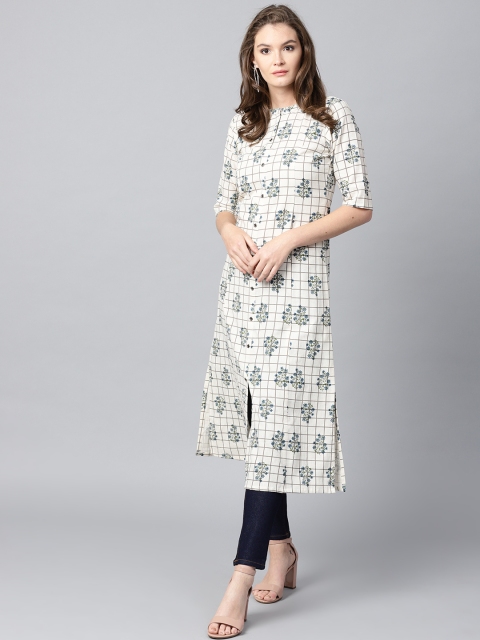 

GERUA Women White & Blue Checked Straight Kurta