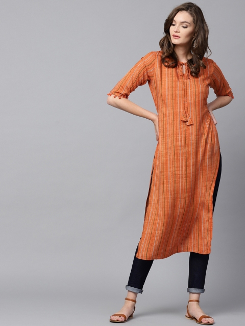 

GERUA Women Orange Striped Straight Kurta