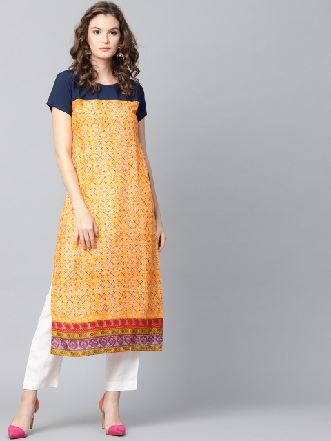 

GERUA Women Yellow & Navy Blue Printed Straight Kurta