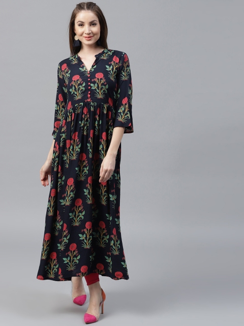 

GERUA Women Navy Blue & Green Printed A-Line Kurta